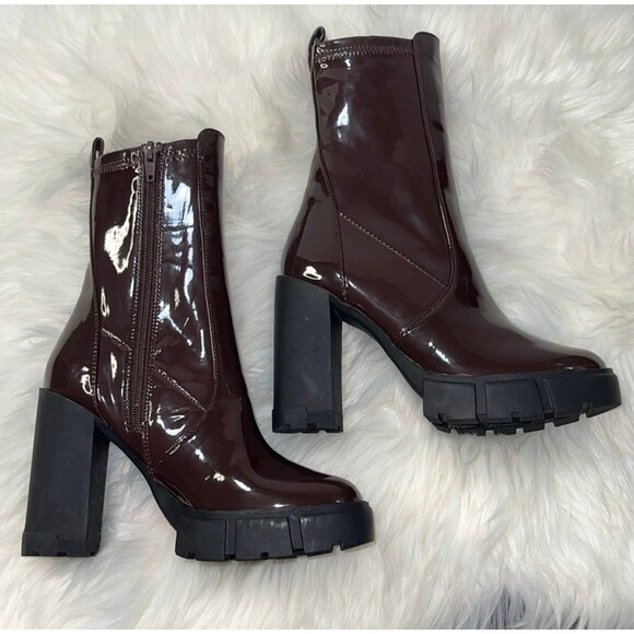 ALDO Women’s Ankle Boot Lug sole Dark Brown Platform Patent. New - Picture 6 of 12